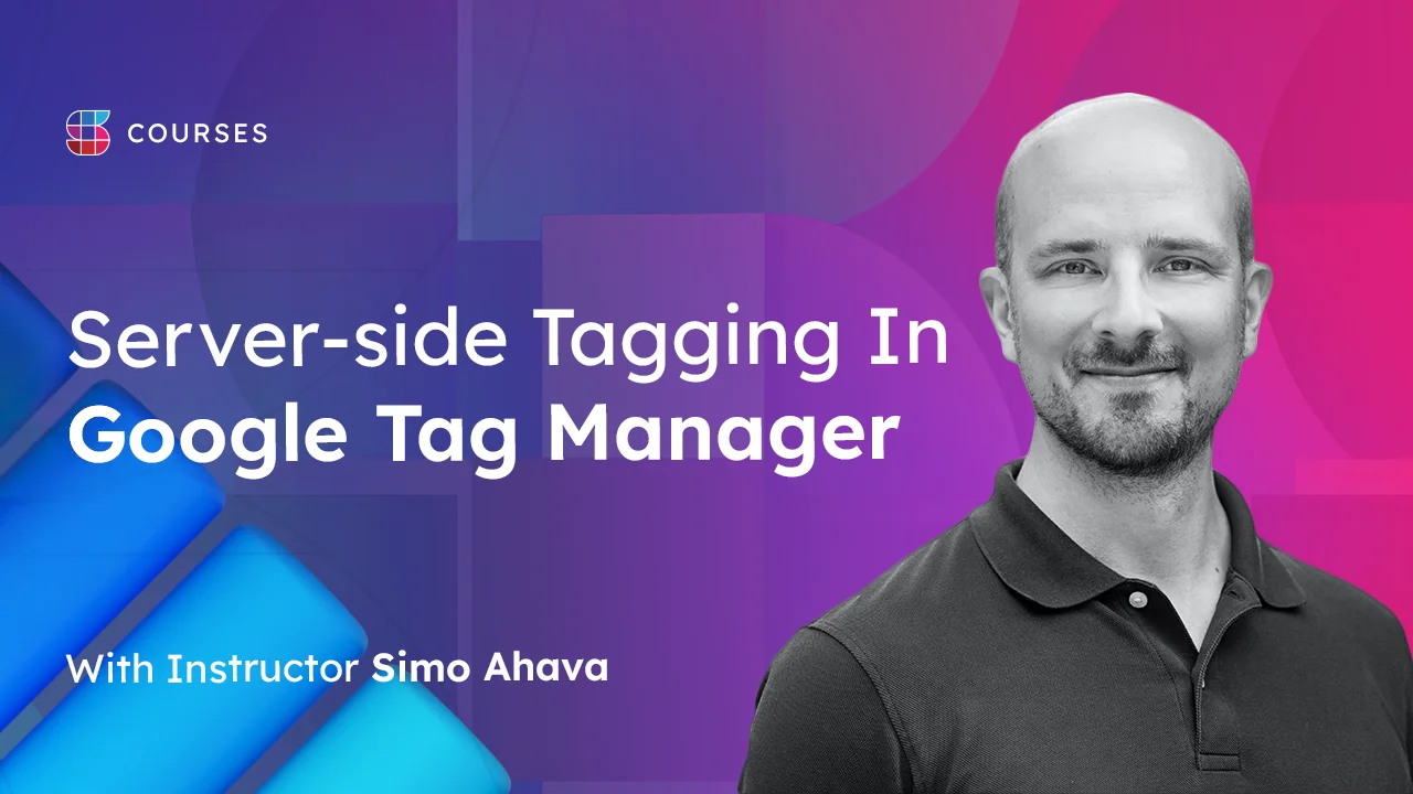 Techincal marketing expert, Simo Ahava, sporting a warm, friendly smile. He is set against a dynamic computer graphics backdrop featuring a 3D-rendered version of Simmer's logo. Adjacent to him, the course title, 'Server-side Tagging in Google Tag Manager', is prominently displayed.