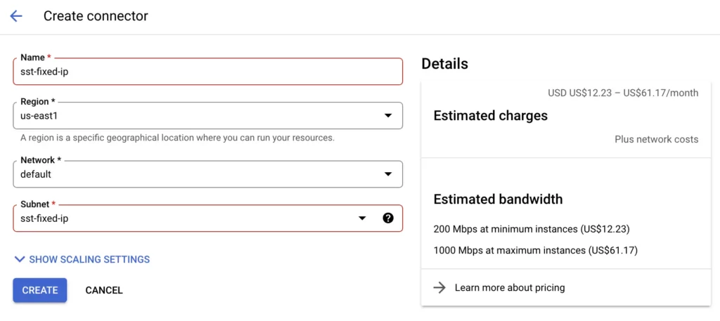 Serverless VPC connector settings