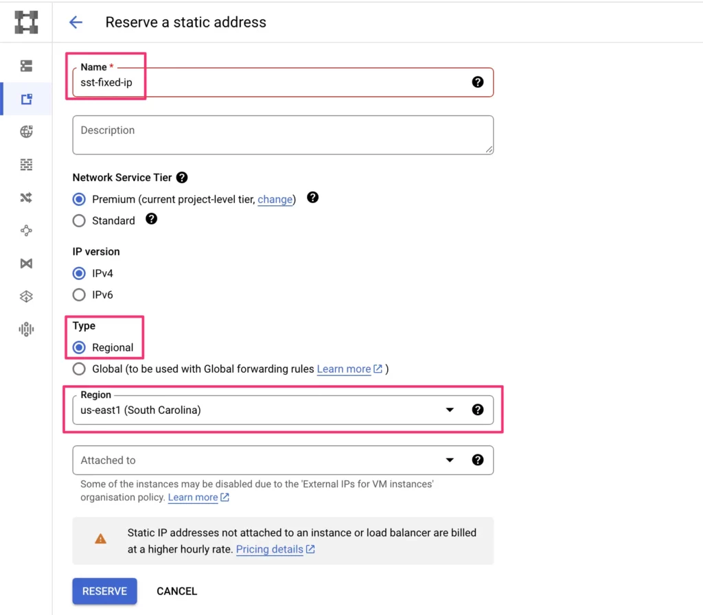 reserve static ip address settings