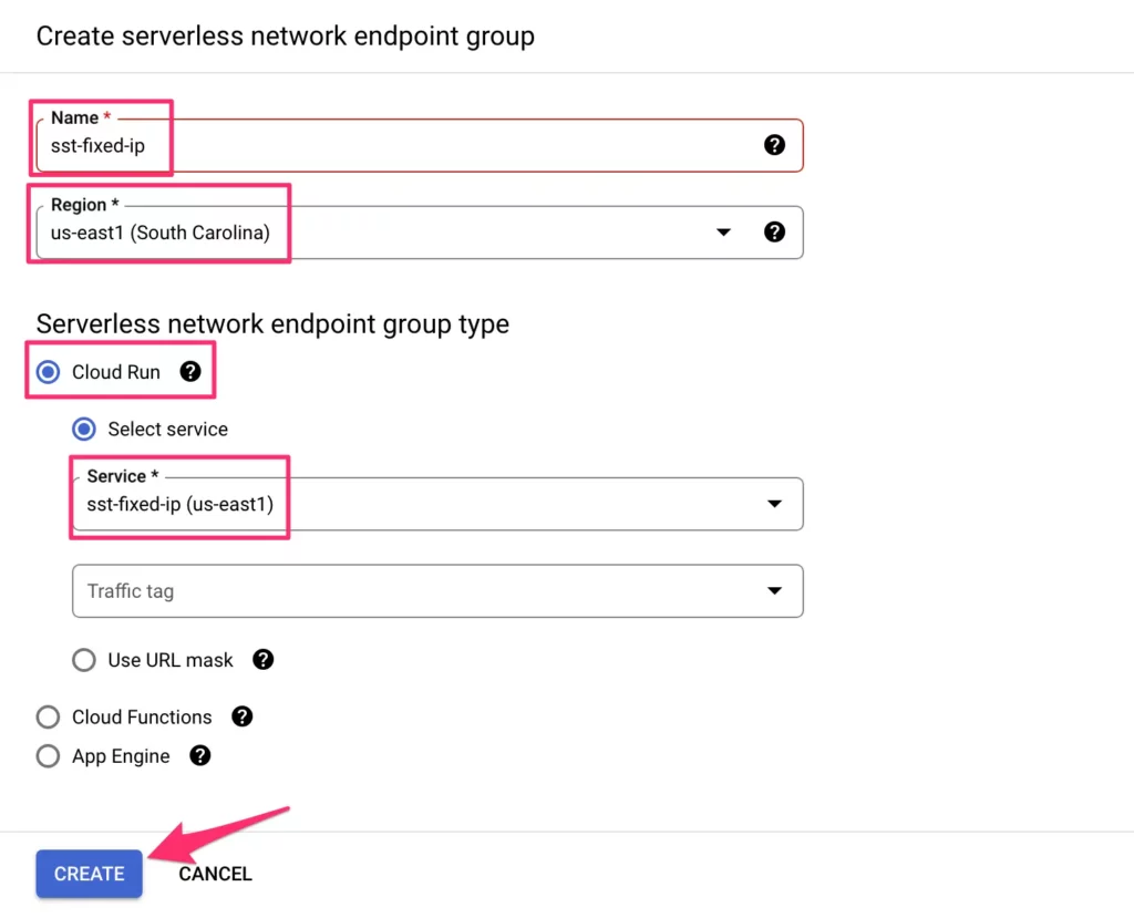 serverless neg settings