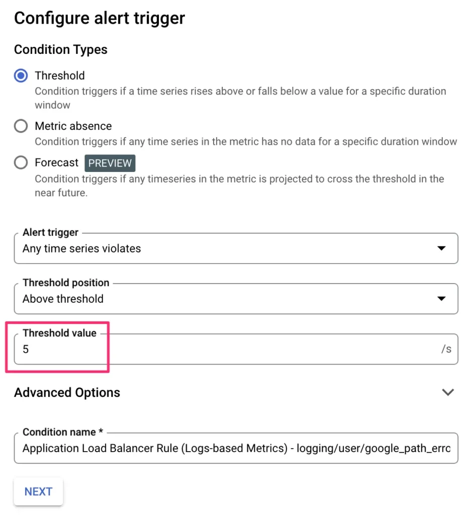 Metric threshold for log-based metric