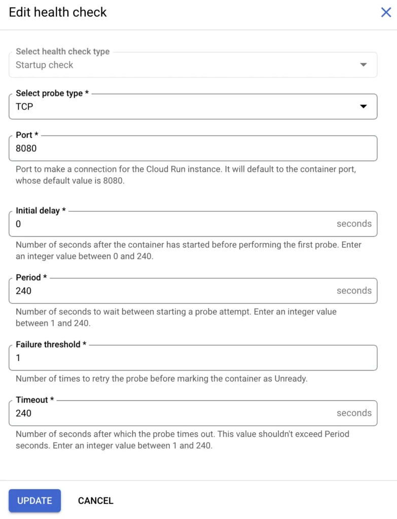 Startup probe settings